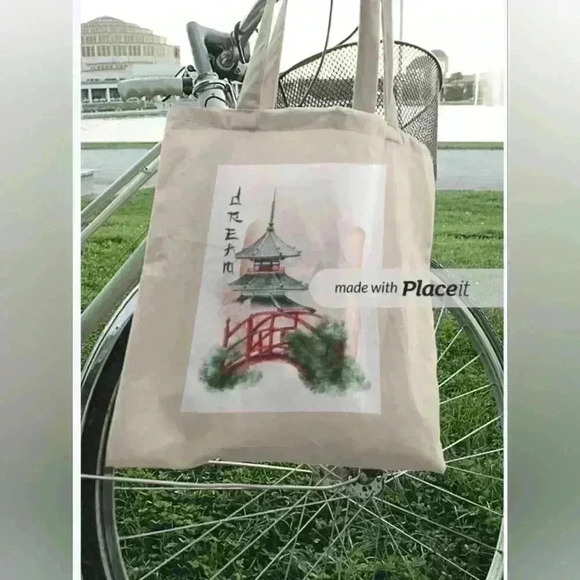 None Handbags - Mahjong inspired print of a bridge and tower recycled canvas tote bag